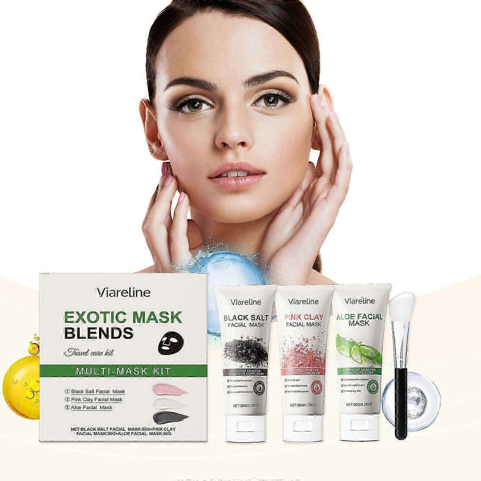 Exotic Blends Facial Mask 3 Piece Set, Mini Size, Travel Friendly Face Masks with Mask Brush, Clearing & Hydrating For All Skin Types