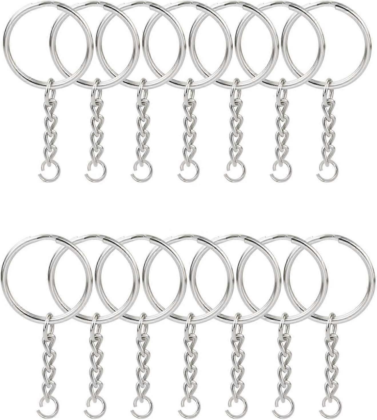 100 PCS Split Key Ring with Chain 1 inch, Split Key Ring with Chain Silver Color Metal Split Key Chain Ring Parts with Open Jump Ring and Connector