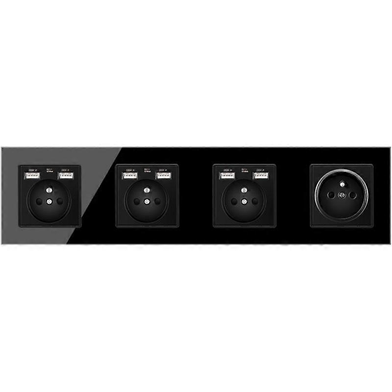 4 in 1 French Sockets Set 16A With 6 USB 2.1A, EU Wall 4-Way Power Outlets Tempered Glass Frame Panel Quadruple Sockets