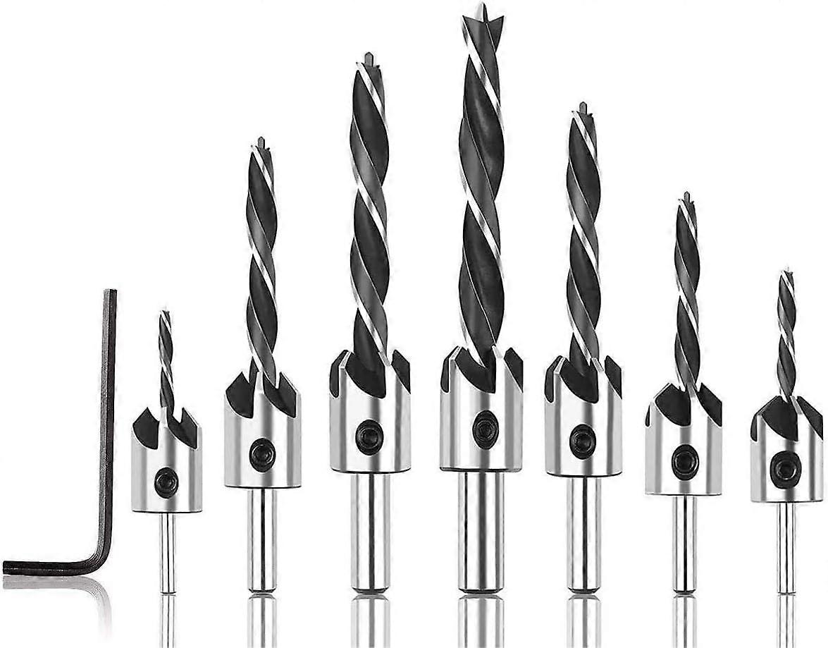 7Pcs Round Handle Countersink Bit Set, 3-10mm HSS Woodworking Chamfer Tool Flute Countersunk Head Twist Drill Bit Set