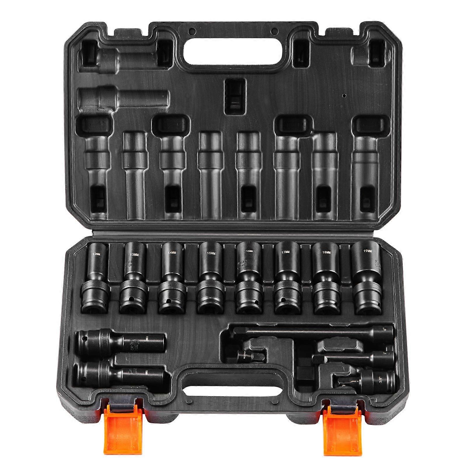 360 Degree Swivel Impact Socket Set, 3/8" Socket Set 14PCS Deep Universal Metric 10-19mm, 6 Point Cr-Mo Alloy Steel for Auto Repair