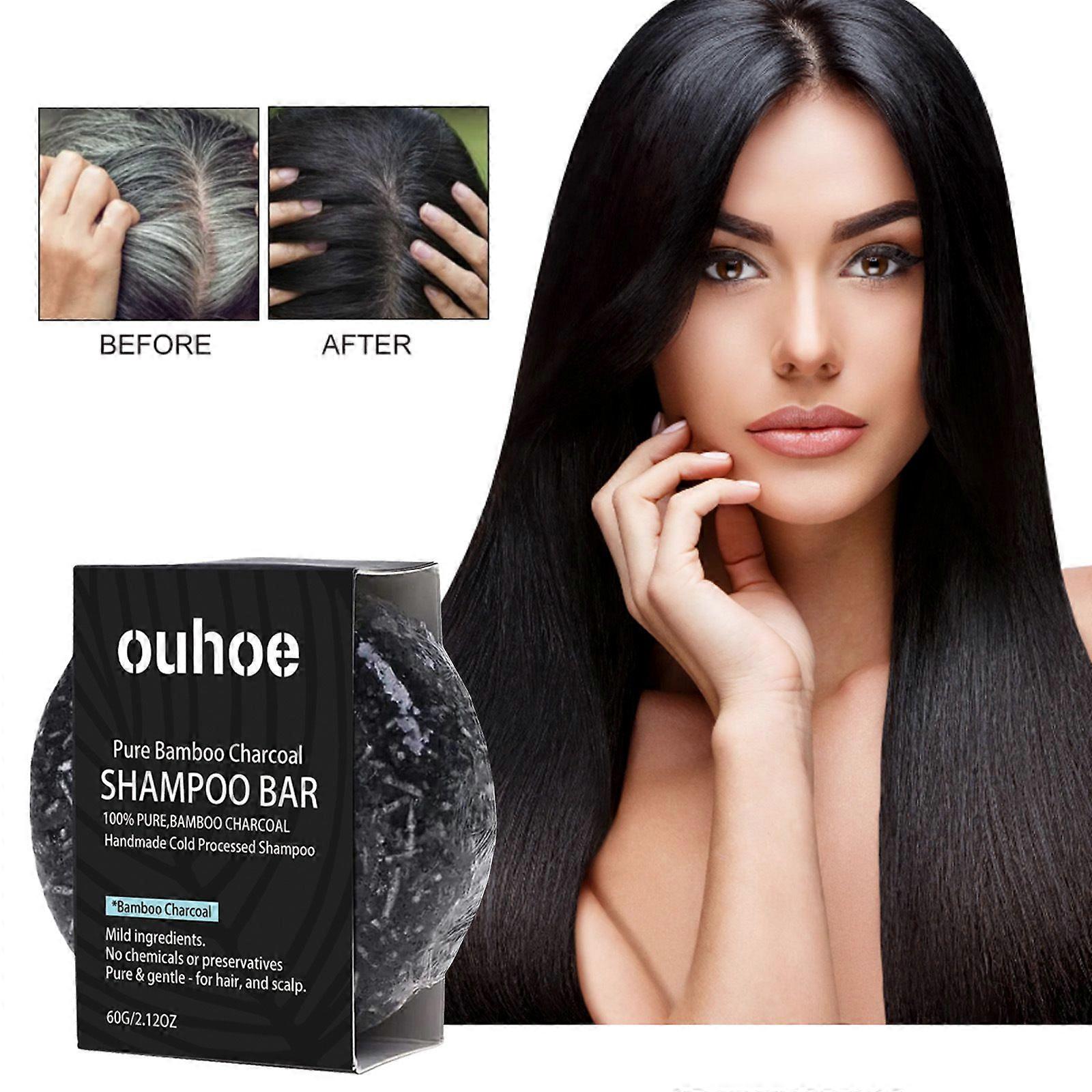 60g Barre de shampoing au charbon de bambou OUHOE Savon fait à la main traité à froid pour l’assombrissement des cheveux et les soins du cuir chevelu