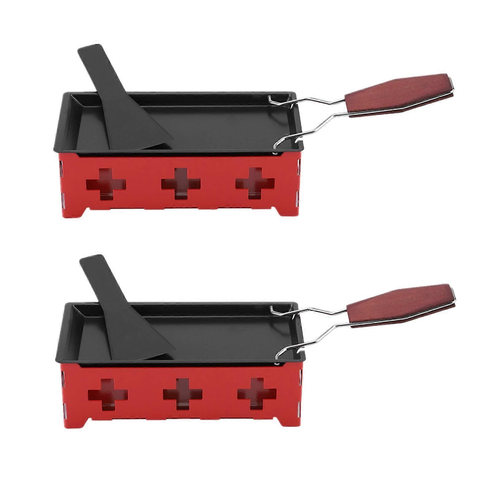 Candlelit Cheese Raclette Set, 2-Piece Non-Stick Carbon Steel Pan with Foldable Handle in Modern Red for Easy Cooking