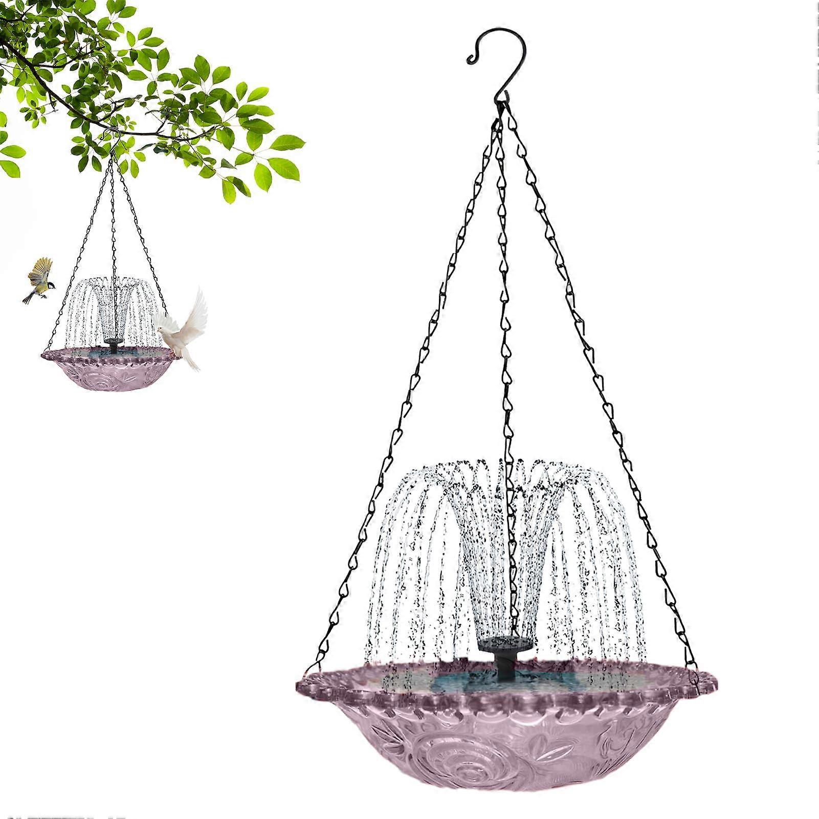 Solarpowered hanging bird bath with fountain feeding platform, purple