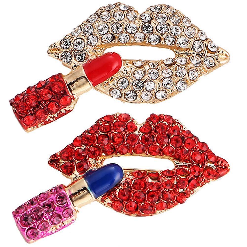 Clothes Brooch Lipstick Shape Modern Style Assorted Color Alloy Rhinestone Decorative Lapel Pin 2Pcs