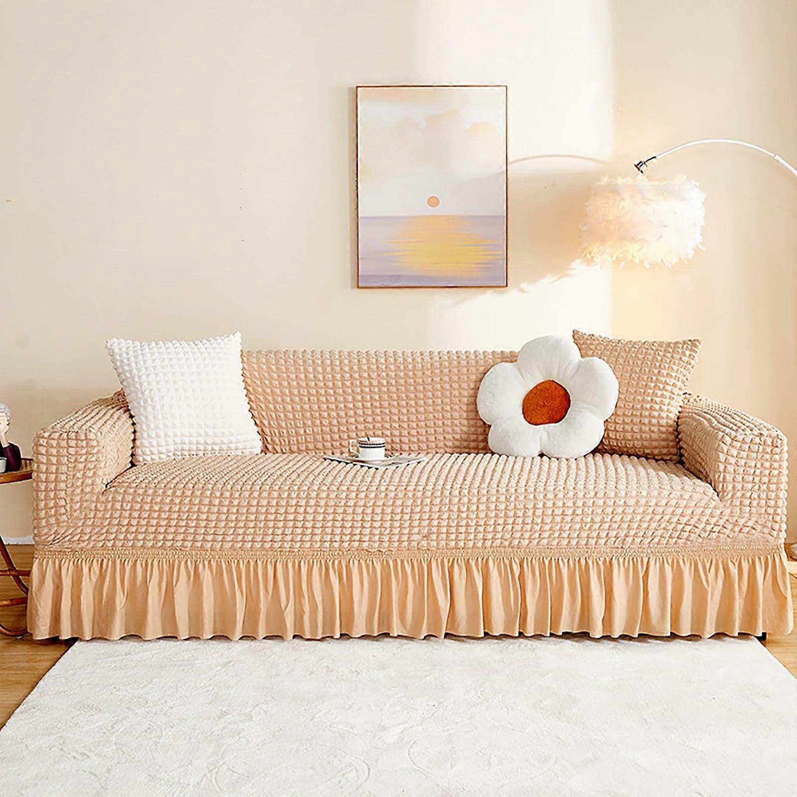 Sofa cover with full coverage made of jacquard fabric – lightweight, washable slipcover for 2/3seater sofas (Beige, Quad)