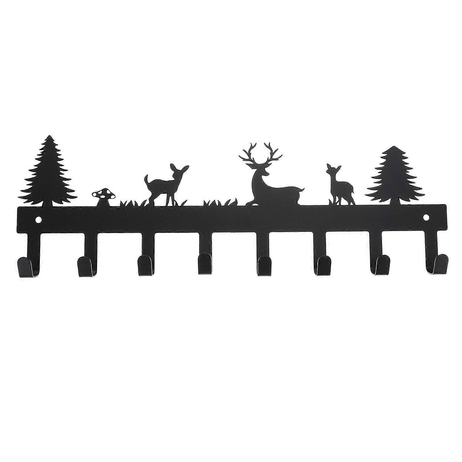 Deer Design Coat Rack Hooks Wall Mounted Black Iron 8 Hooks Organizer