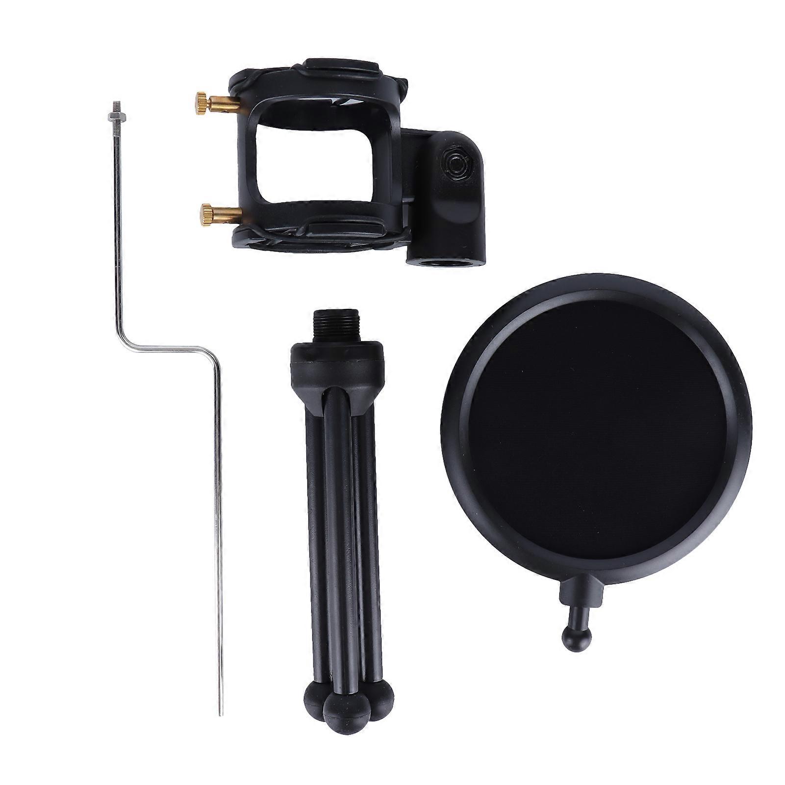 Microphone Tripod Stand Shock Mount Desktop Mic Holder Clip with Blowout Cover for Phone Singing Live Broadcast