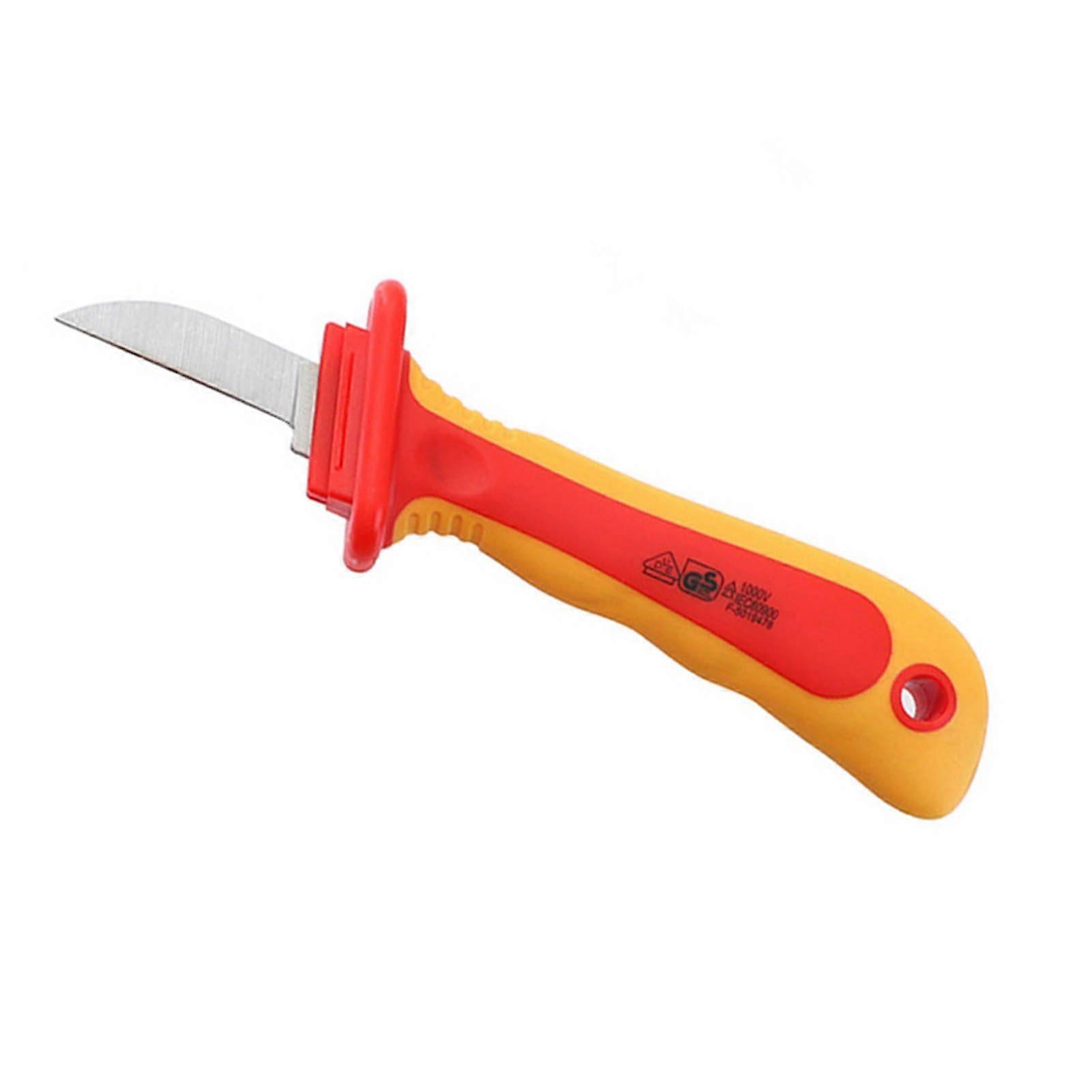 German VDEcertified electrician straight knife for short distances, suitable for measurement and assembly, made of insulated plastic material.