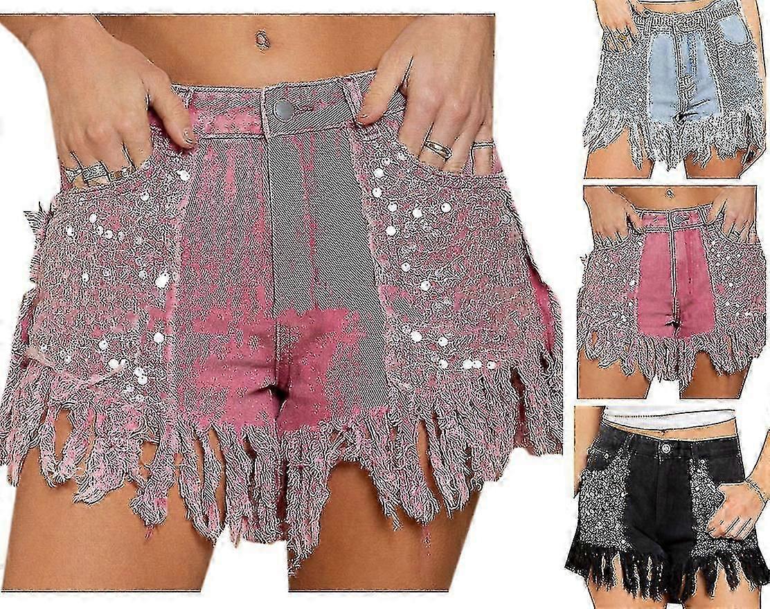 Women's Sequin Pockets Curly Fringe Casual Denim Shorts