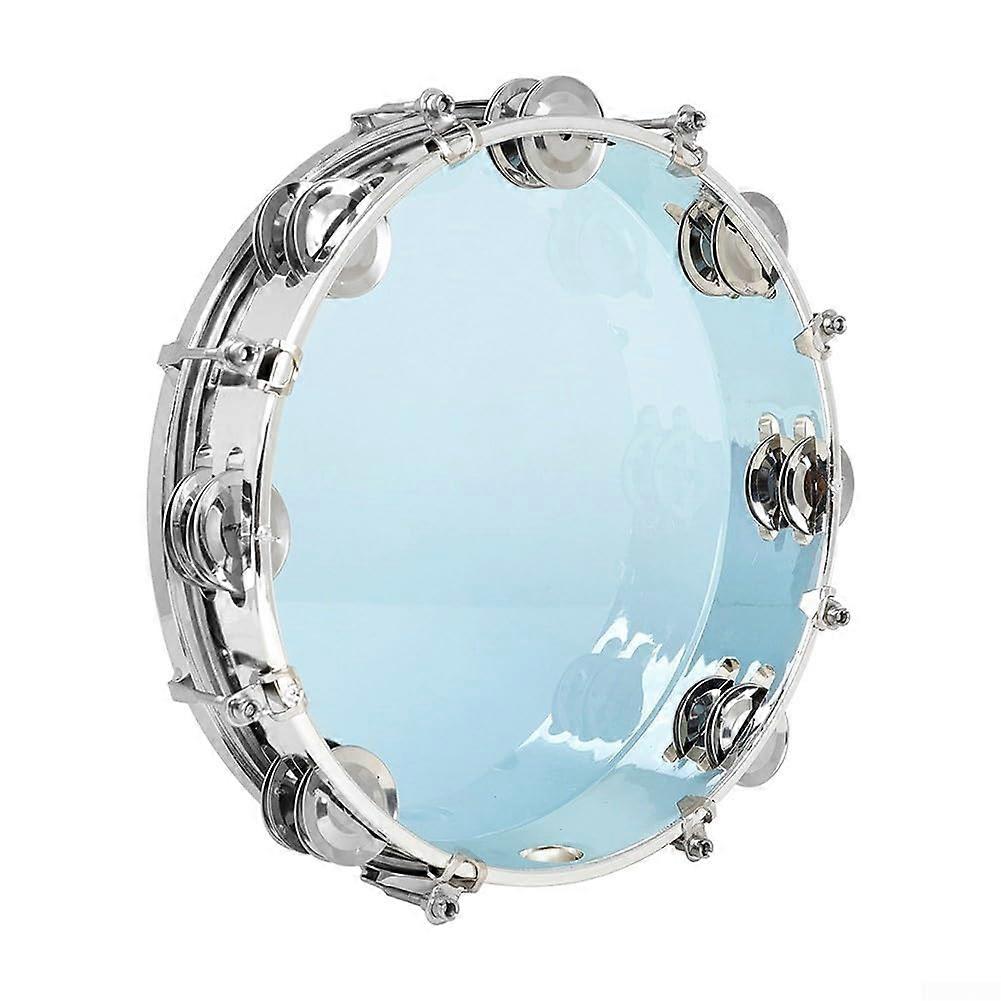 Hand tambourine, 25.4 cm, with doublerow jingles for crisp sound and performance, blue leather.