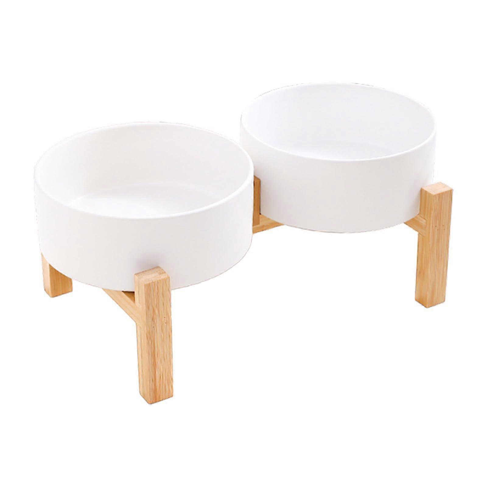 Ceramic Pet Double Bowl Dish With Wooden Base Dog And Cat Feeding Station NonSpill Design For Home Use Elevated Dog Dining Stand