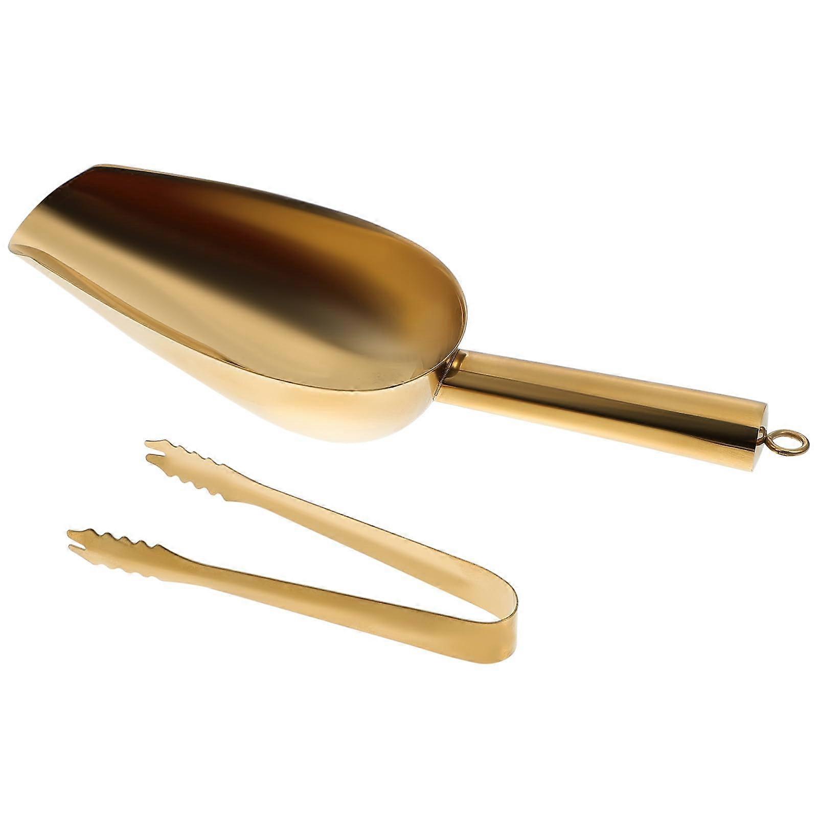Ice Tongs and Ice Scoop Multi-Tool Set for Food, Kitchen, Bar, and Restaurant Use, Durable Thick Design, Gold Finish