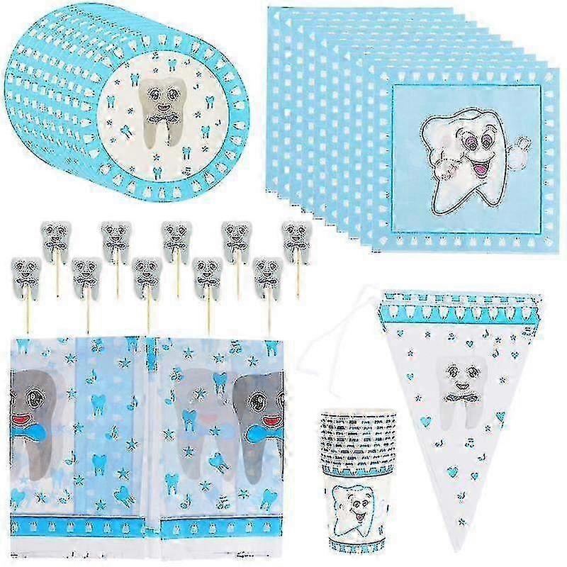 42-Piece Bluetooth Themed Disposable Tableware Set Including Fruit Picks Paper Cups Plates Napkins Tooth Printing Tablecloth Dinnerware and