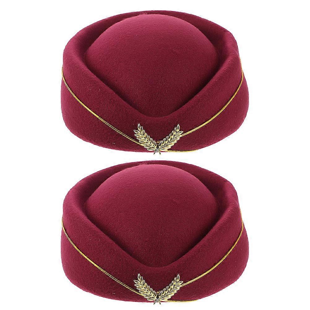Stewardess Hat Flight Attendant Cap for Airline Uniform 2Pcs Dark Red Woolen