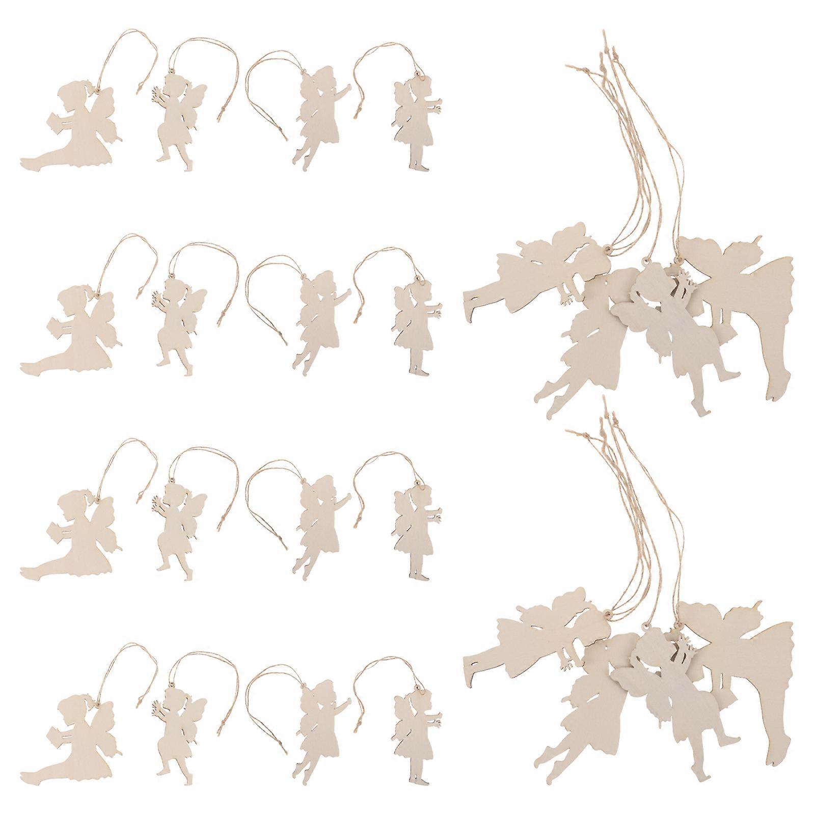 24pcs Unfinished Wooden Cutouts for Kids Crafts Blank Fairy Embellishment with Ropes for DIY Hanging Ornaments, Nursery Door Decor, Baby Room
