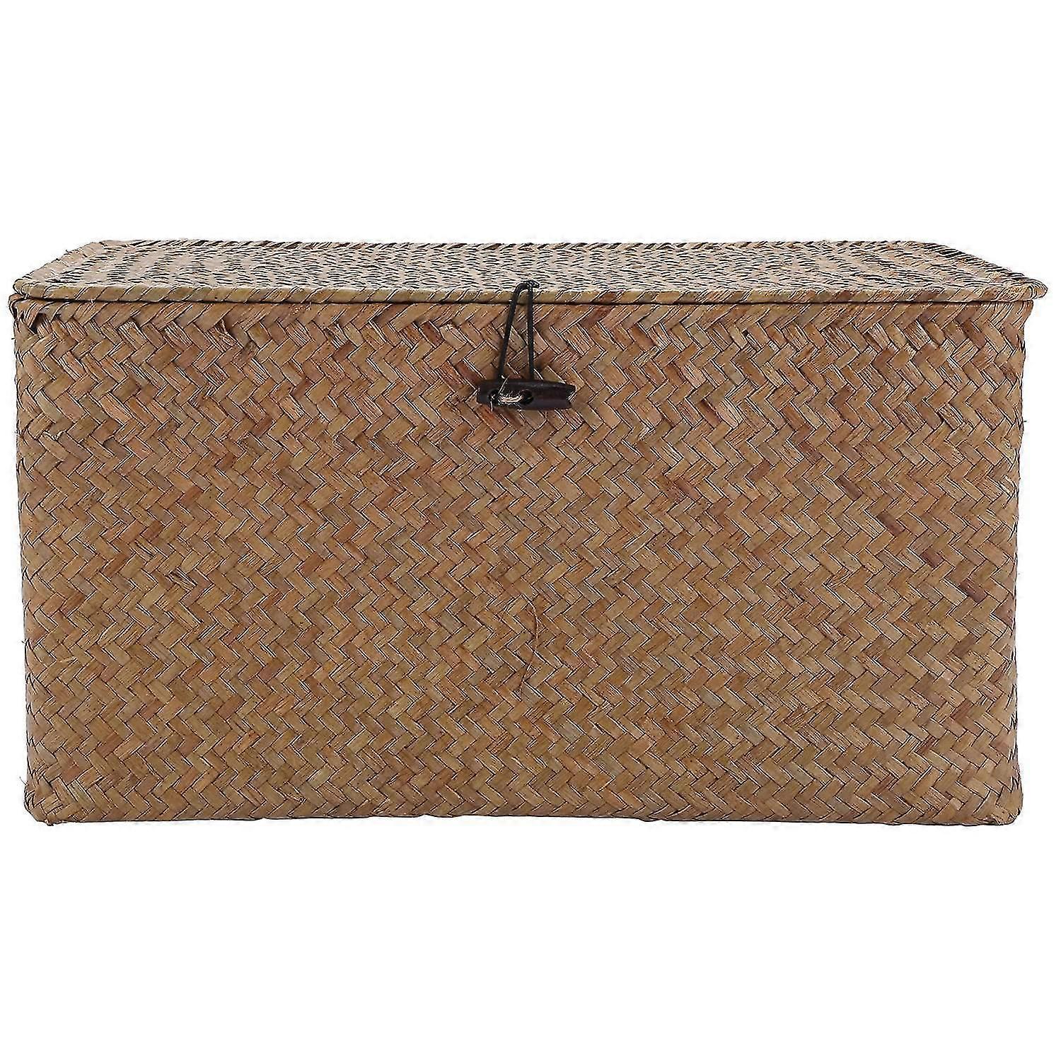 Handgemaakte stro geweven opbergmand met deksel make-up organizer opbergdoos zeegras wasmanden