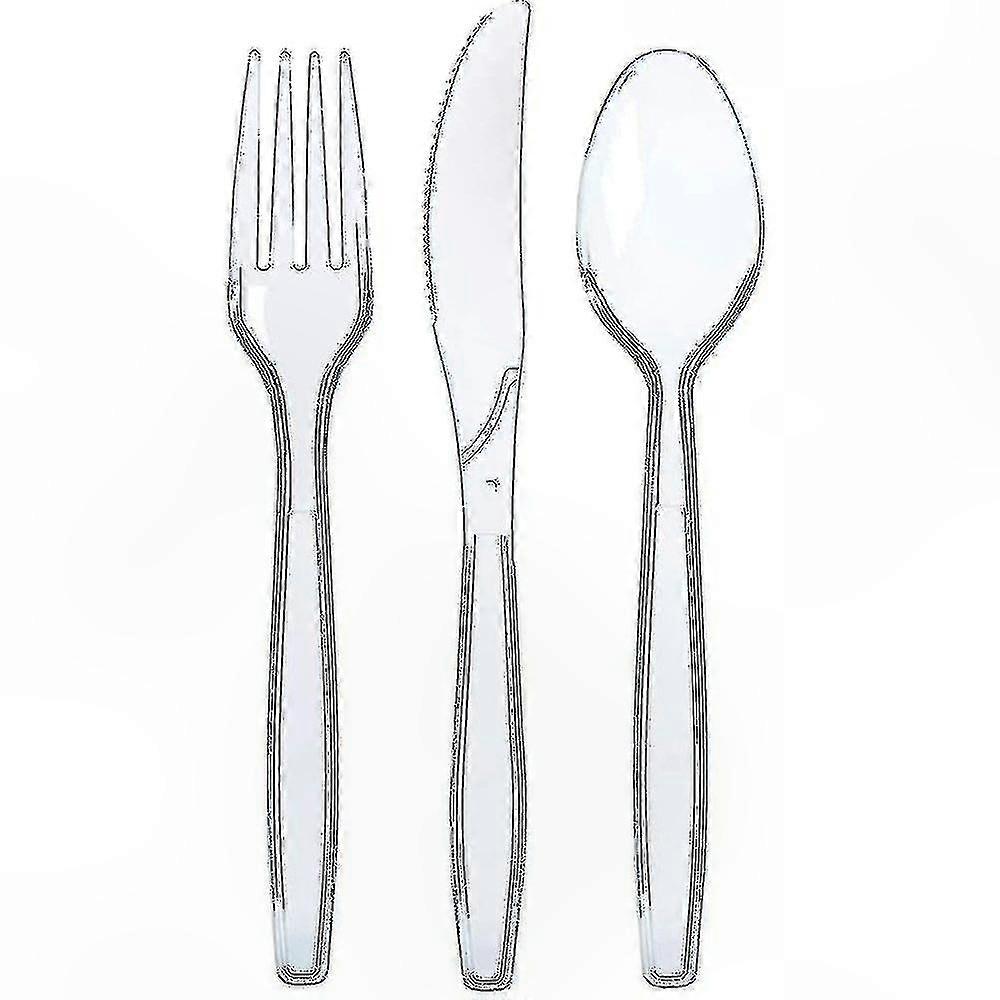 Durable Transparent Plastic Utensils Set - 300 Count Forks, Spoons, Knives Bulk Tableware Selection