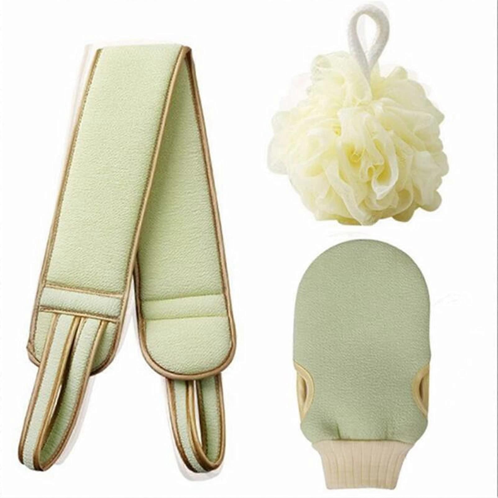 Bath Cleansing Exfoliating Scrub 3Piece Green Unisex Kit With Bath Puff And DoubleSided Back Scrub For Deep Cleansing