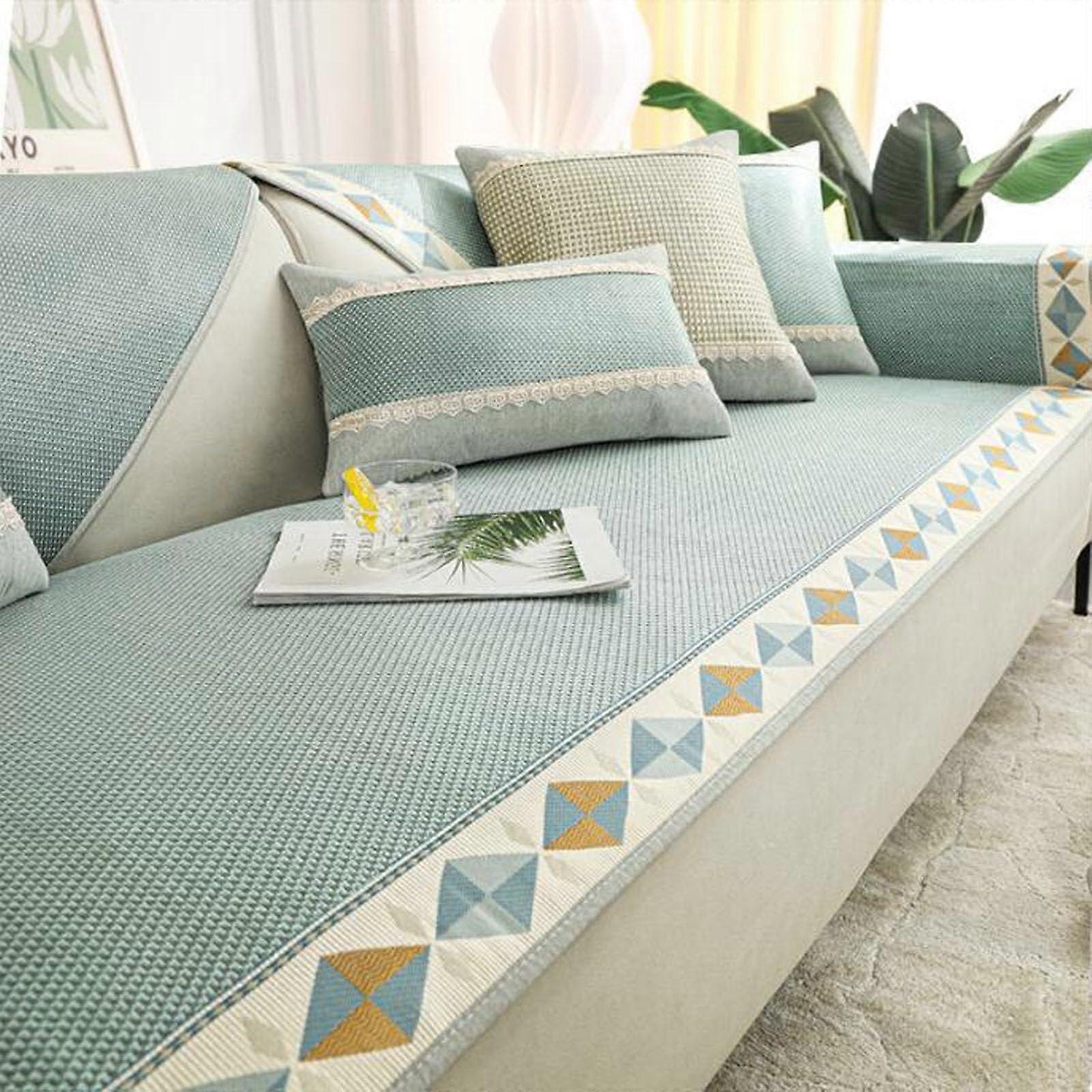 Wormwood Vine Mat Cushion, Summer Ice Silk Anti Slip Sofa Cover Protector, 60CM X 210CM, Green A, Wide Elastic Back