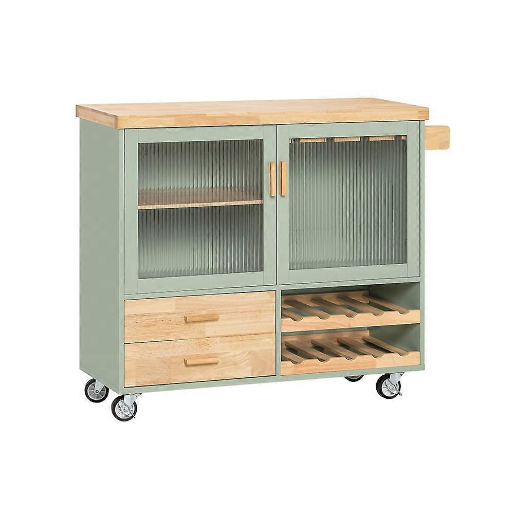 SoBuy FKW114-GR, Carrello da cucina indipendente con isola su ruote, 2 ante in vetro e 2 cassetti, portabottiglie, carrello da cucina con piano di ...