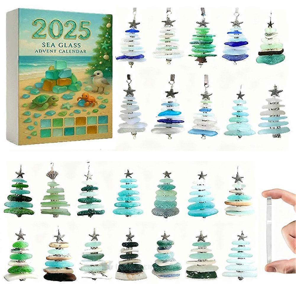 2025 New 1Set Sea Glass Christmas Tree Advent Calendar 24-Days Christmas Countdown Calendar With 2D Acrylic Xmas Tree Ornaments