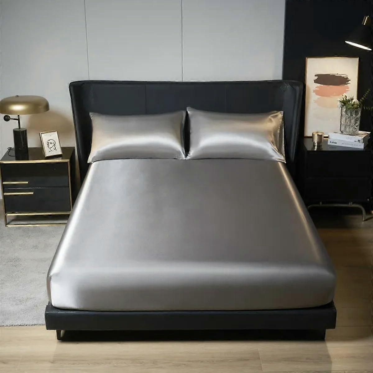 Solid Satin Fitted Bed Sheet with Elastic Band Grey King Size 198x203x30cm No Pillowcase