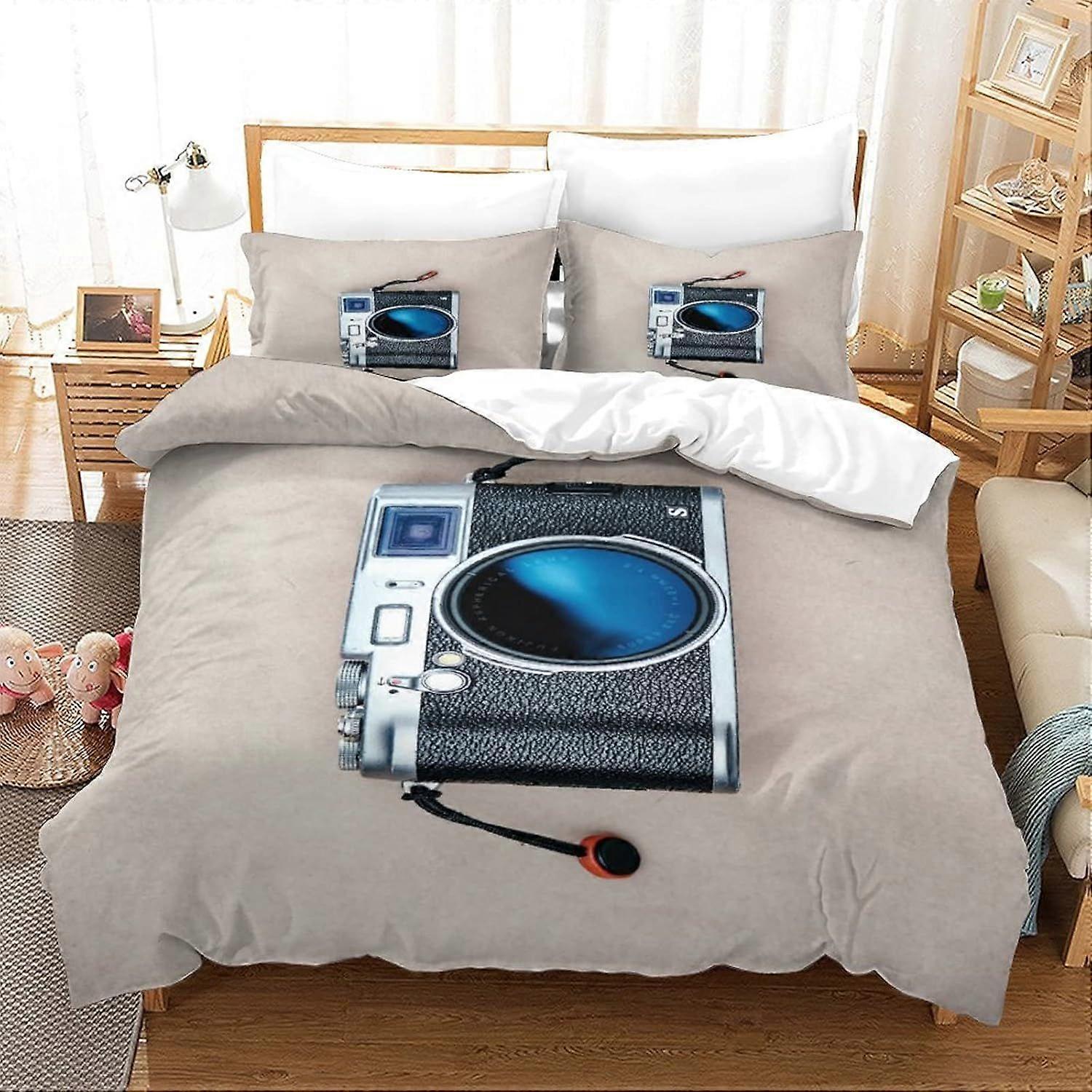 Conjunto de capa de edredom com estampa 3D de câmera, conjunto de cama de solteiro com estampa de câmera, capa de edredom leve de microfibra macia com fechamento em zíper.