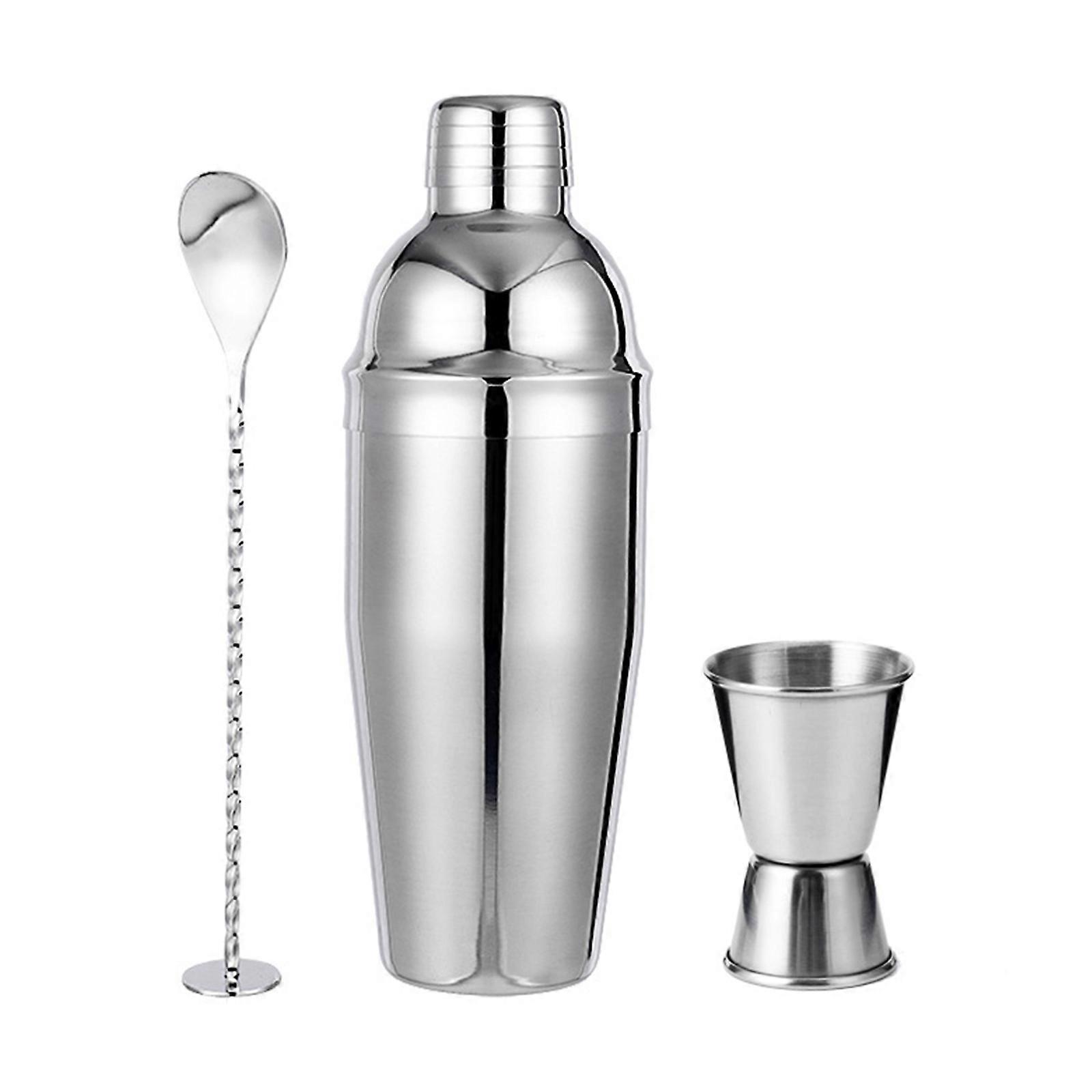Complete Steel Cocktail Making Set 3 Piece Bar Essential Drink Shaker with Builts In Strainer Jigger and Mixing Spoon Multicolor