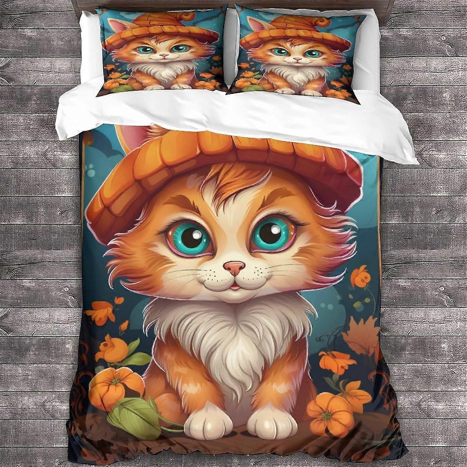 LikeEj Cat 3D Animal Duvet Cover Set Halloween Padrão Impresso Cama Capa Edredom com fechamento com zíper 3 peças Capa Edredom Soft