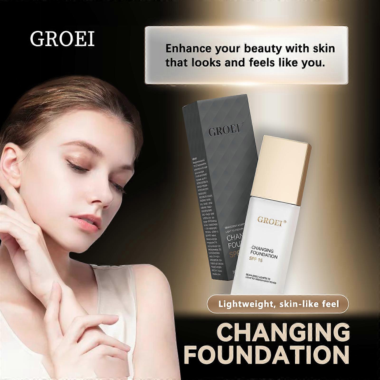 GROEI Changing Foundation SPF15 - 30ml Auto-Adjusting, Lightweight, Natural Finish for Flawless Skin & Daily Sun Protection