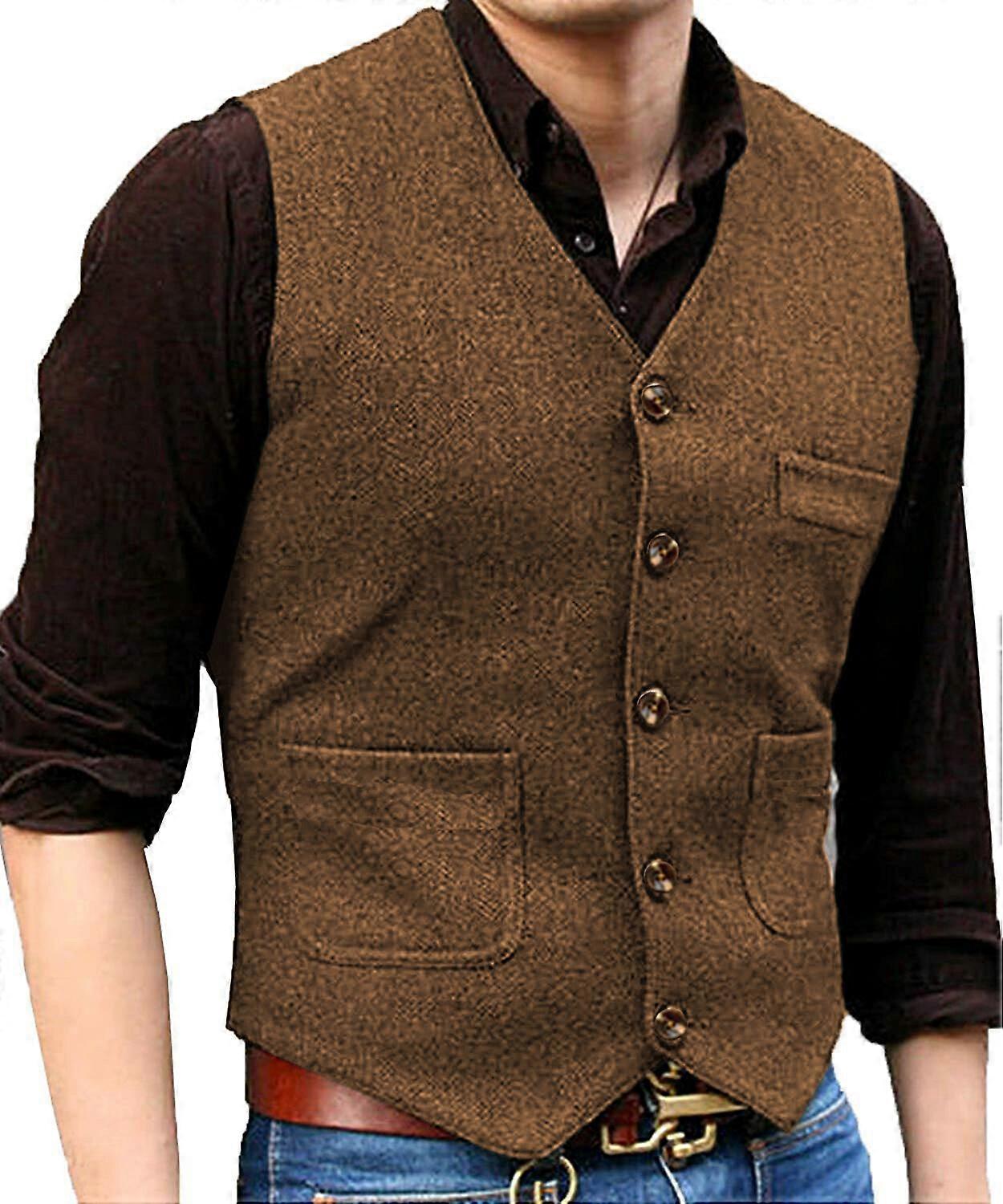 Men Suit Herringbone Waistcoat Tweed Vest Wedding Vintage Wool Groomsman Hunting