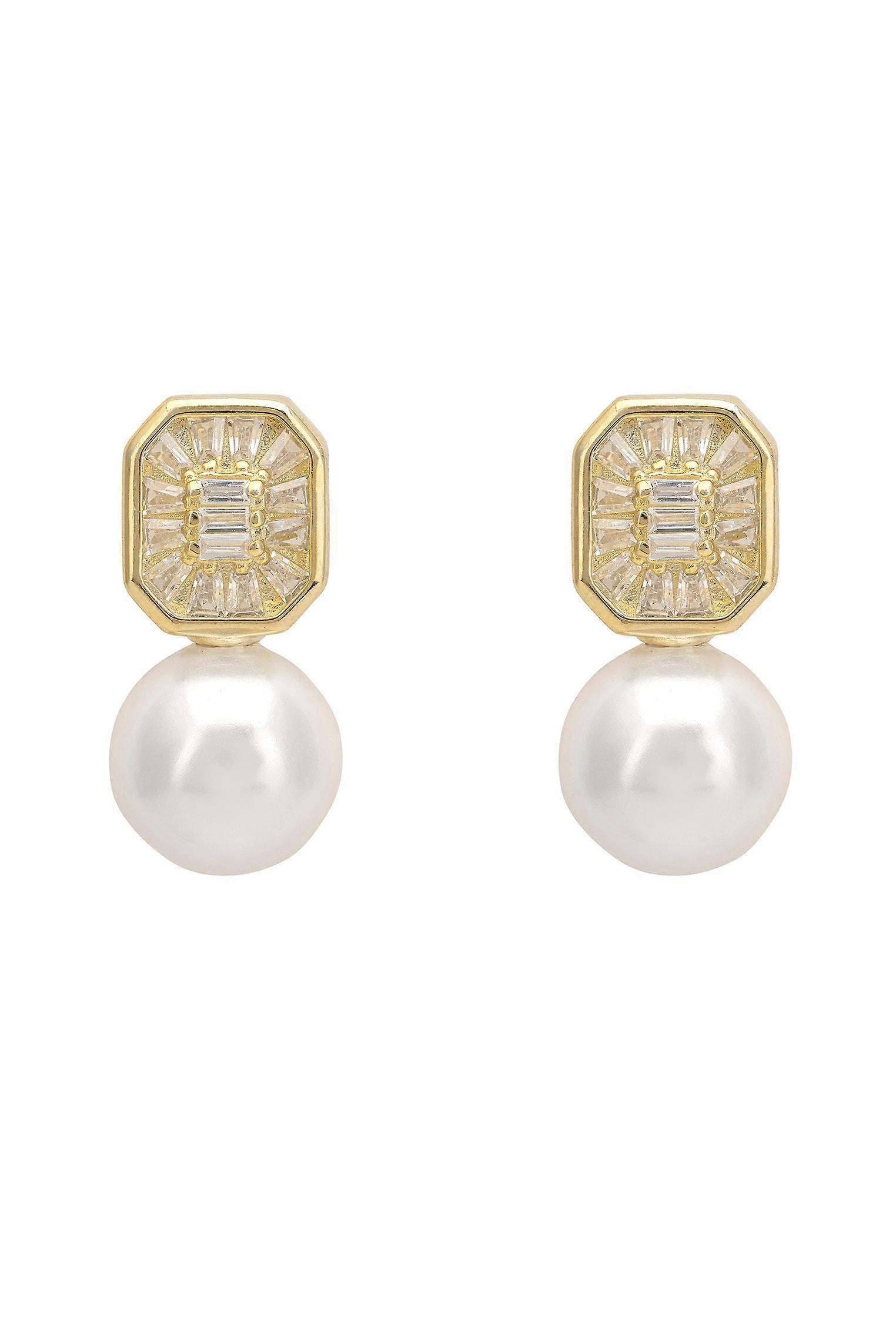 Pearl Rectangular Cz Drop Earrings Gold