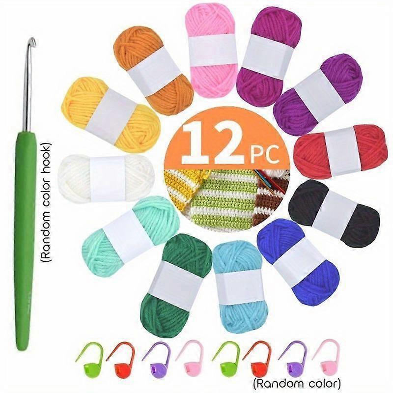 Complete Crochet Kit for Beginners: 12 Acrylic Yarn Rolls, Hook & Accessories.