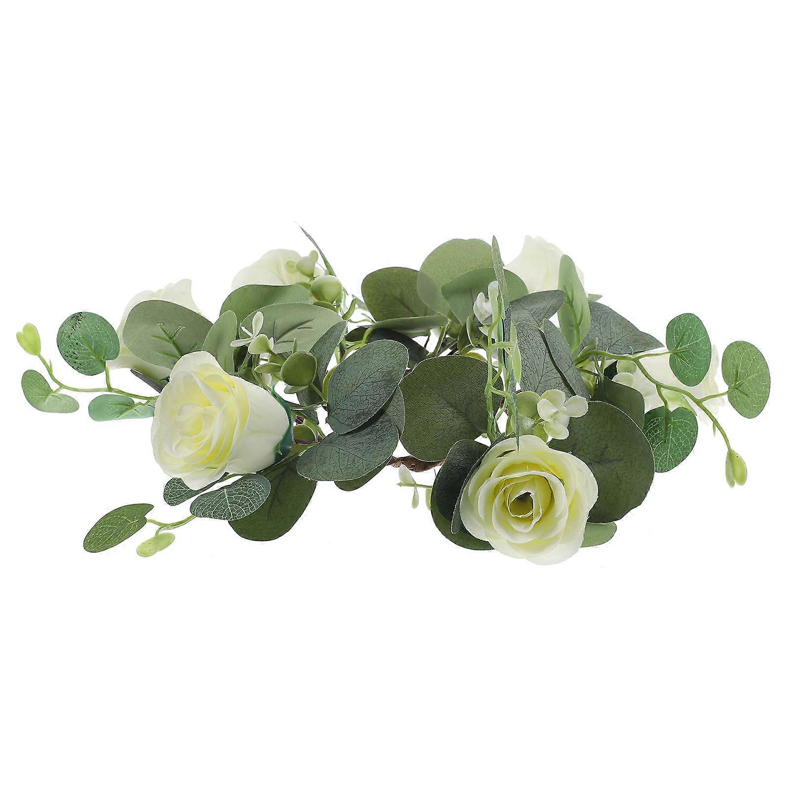 Silk Rose Artificial Flower Candle Wreath Ring for Decor White