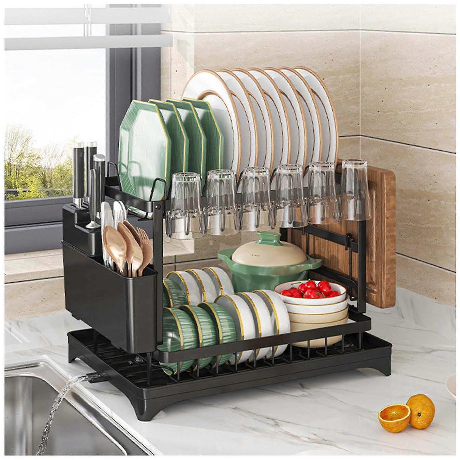 2 Tier Dish Drying Rack with Utensil and Cup Holder, Large Capacity Rustproof Kitchen Counter Drainer with Automatic Drainage System