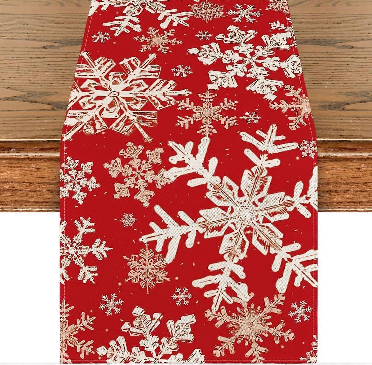 Red Snowflakes Christmas Table Runner, Winter Holiday Kitchen Dining Table