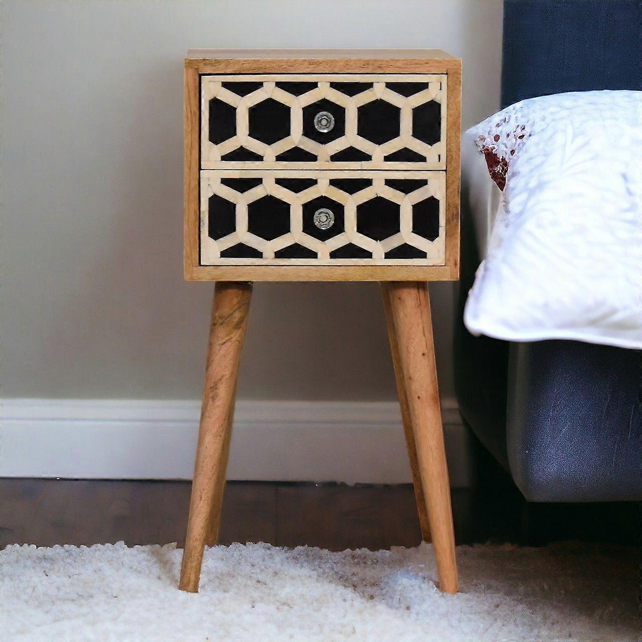 Solid Wood Mini Bone Inlay 2 Drawer Bedside, Brown