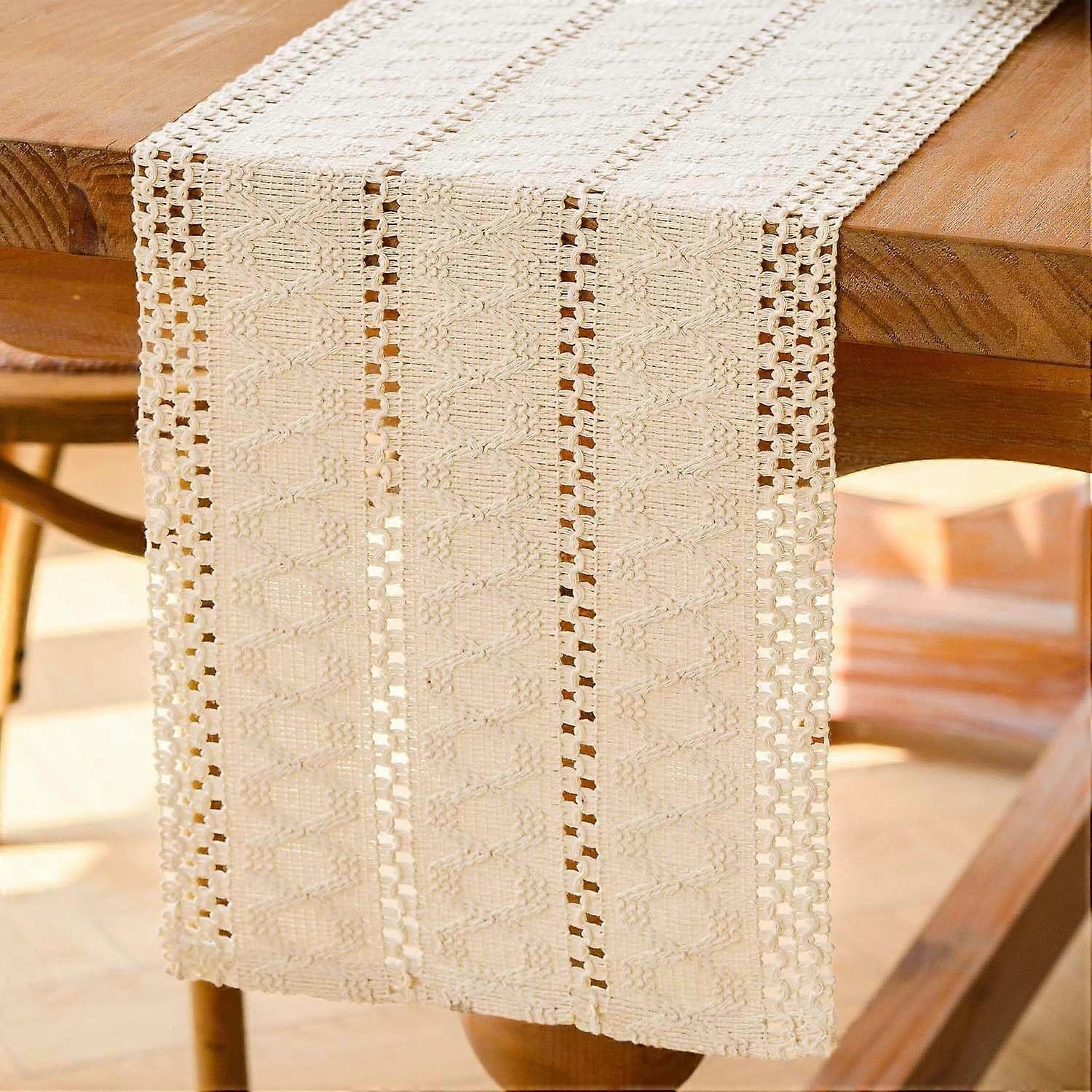 Boho  Macrame Table Runner in Cotton Linen, Small Rustic Bohemian Farm