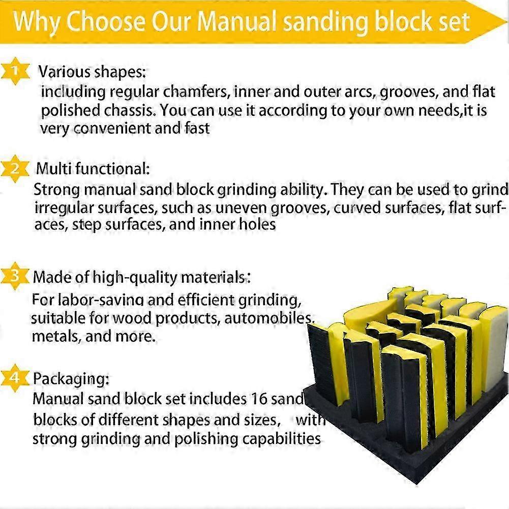 16 PCS Hand Sanding Block Set - Hook and Loop Soft and Durable Foam Material Assorted Sanding Pad Hook Backing Plate