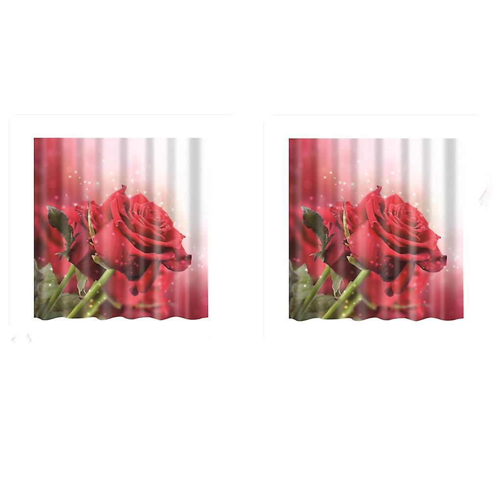 2 pieces Polyester Shower Curtain with Hooks Bathroom Hanging Decor Red Rose
