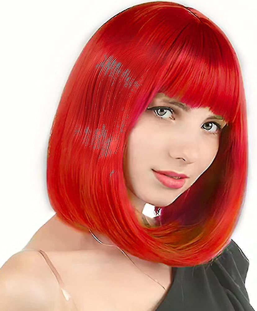 DUqi 12 Bright Red Women Short Wig Straight With Bangs. Middle Length Hair Piece Cute Style Gift