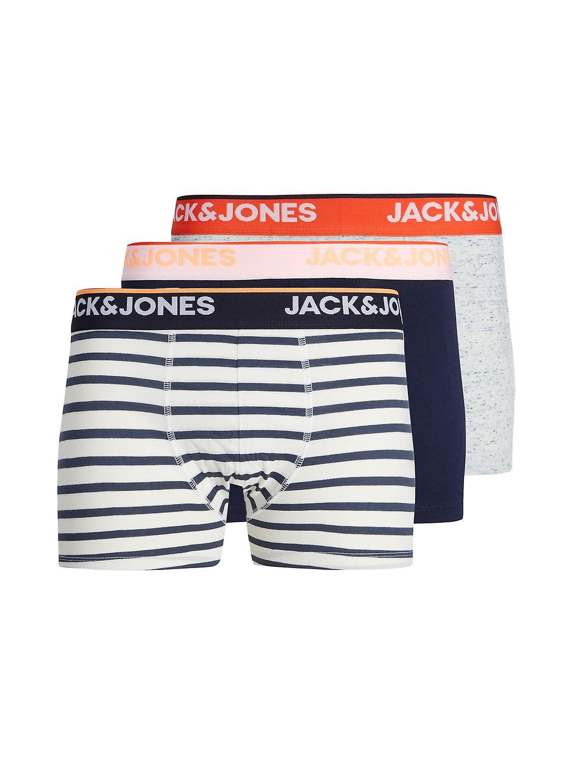 Jack & Jones Jacdave Trunks 3 Pack Cotton Stretch Boxers - Navy/grey/stripes