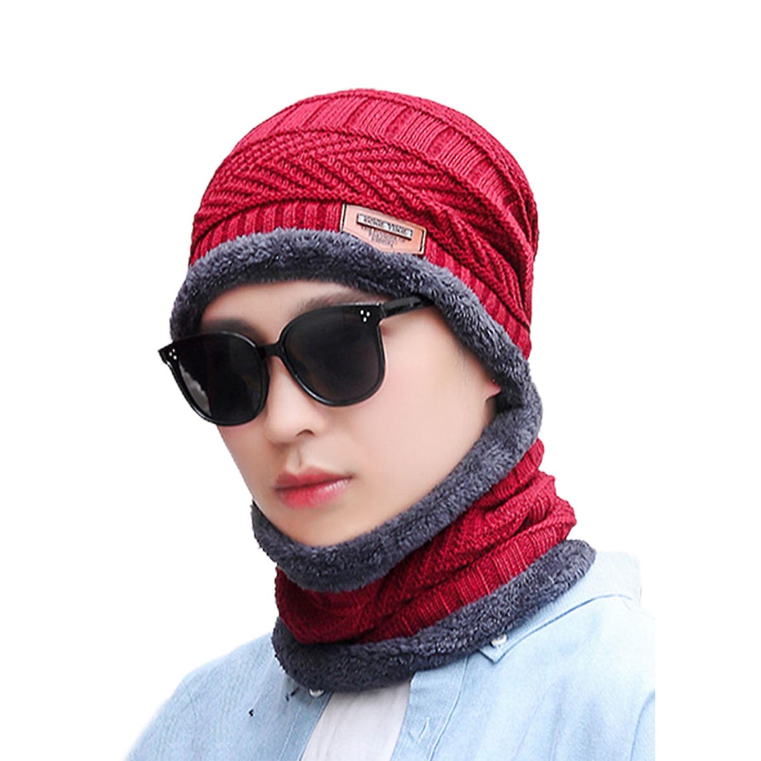 2 Pcs/Set Men Hat Knitted Face-protective Extra Warm Plush Extra Ear-protective Cap and Scarf Set