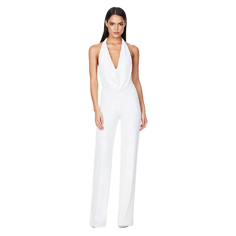 mickcara Summer Womens Sleeveless Halter Sequined Jumpsuit White M