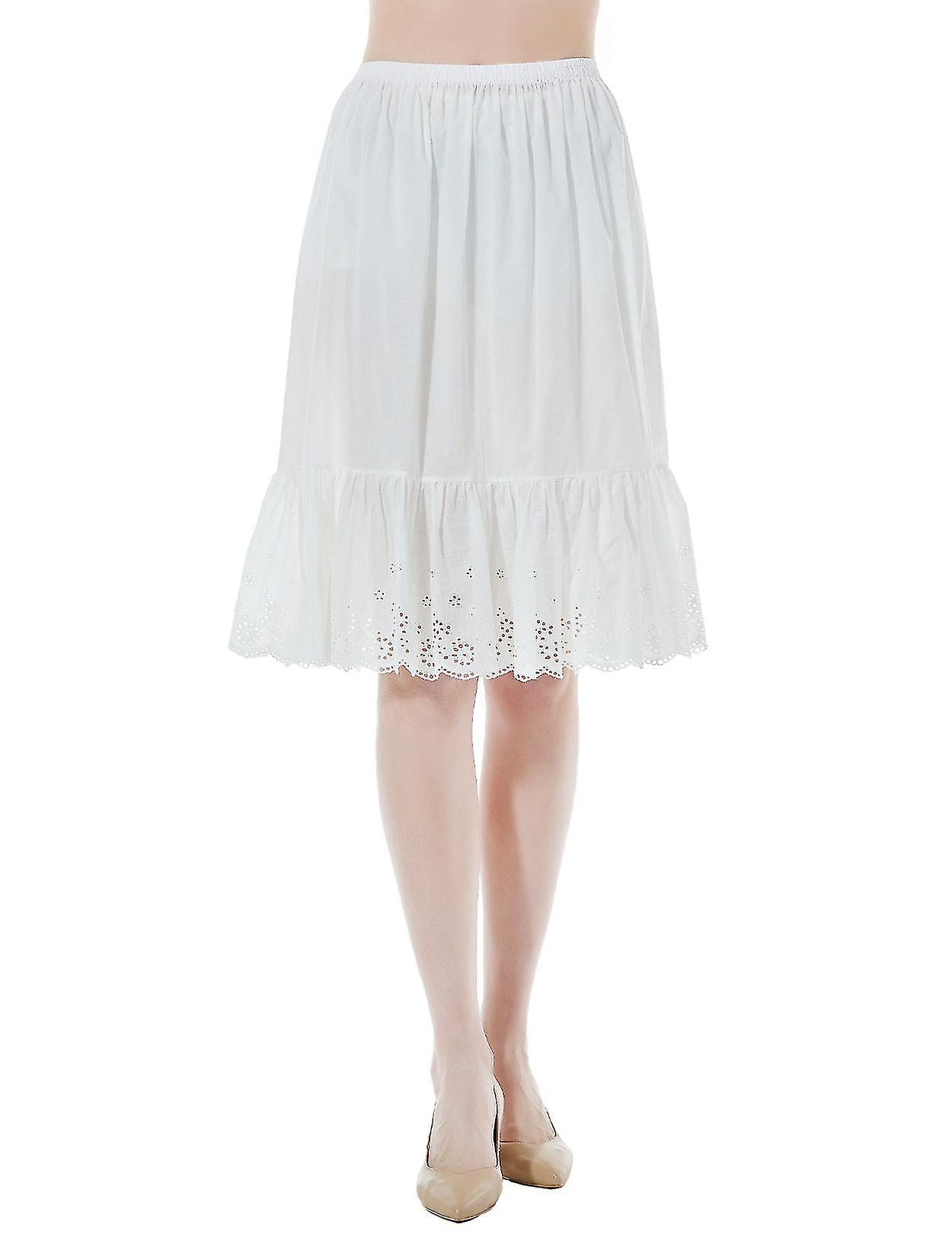 المرأة نصف زلة تنورة تحتية 100 ٪ القطن تنورة الموسع مع الرباط التطريز A- خط ثوب نسائي الملابس الداخلية طول الركبة تنورة الصيف الطويل العاج