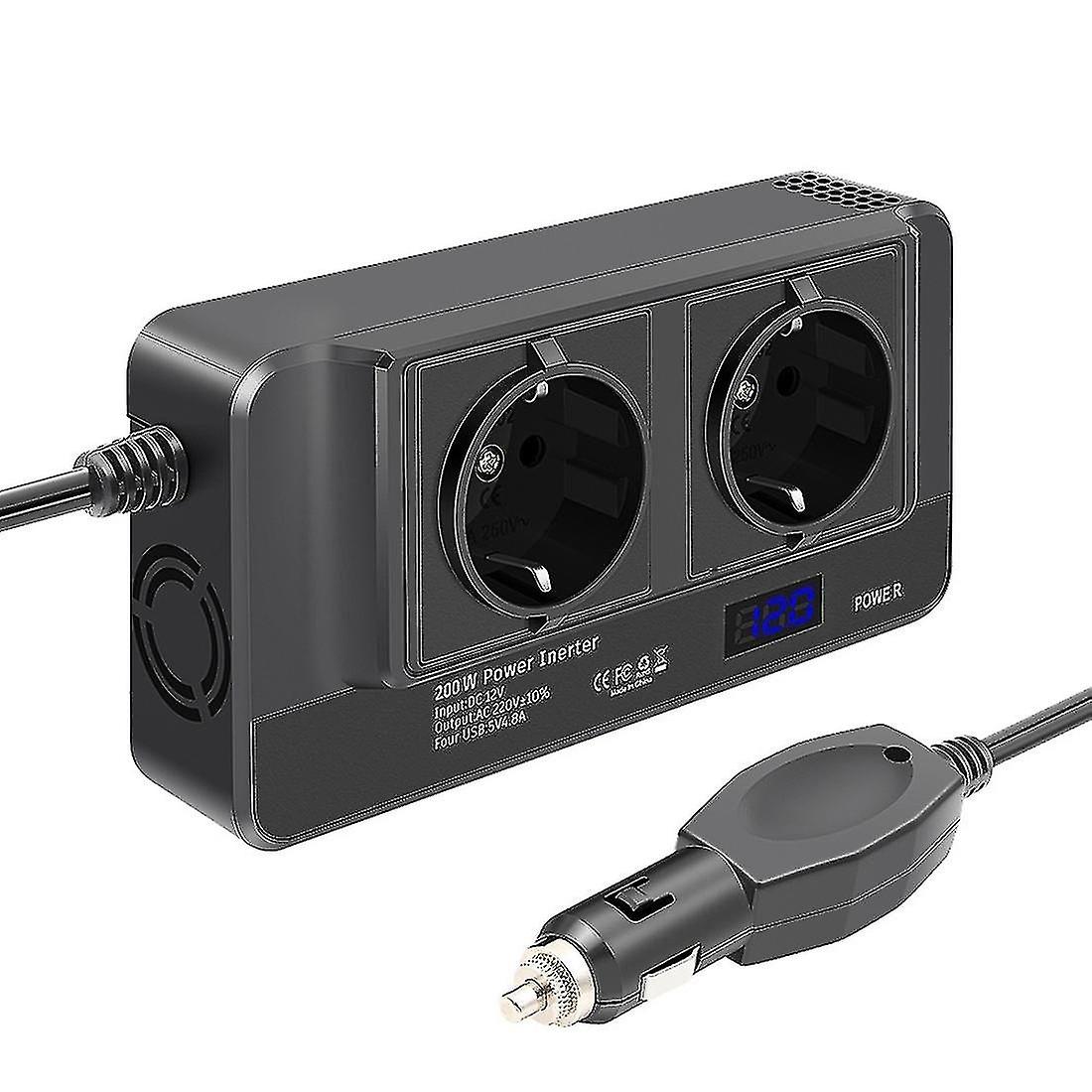 200w car inverter, voltage converter 12v to 220v with smart time display LCD screen, 2 sockets and 4