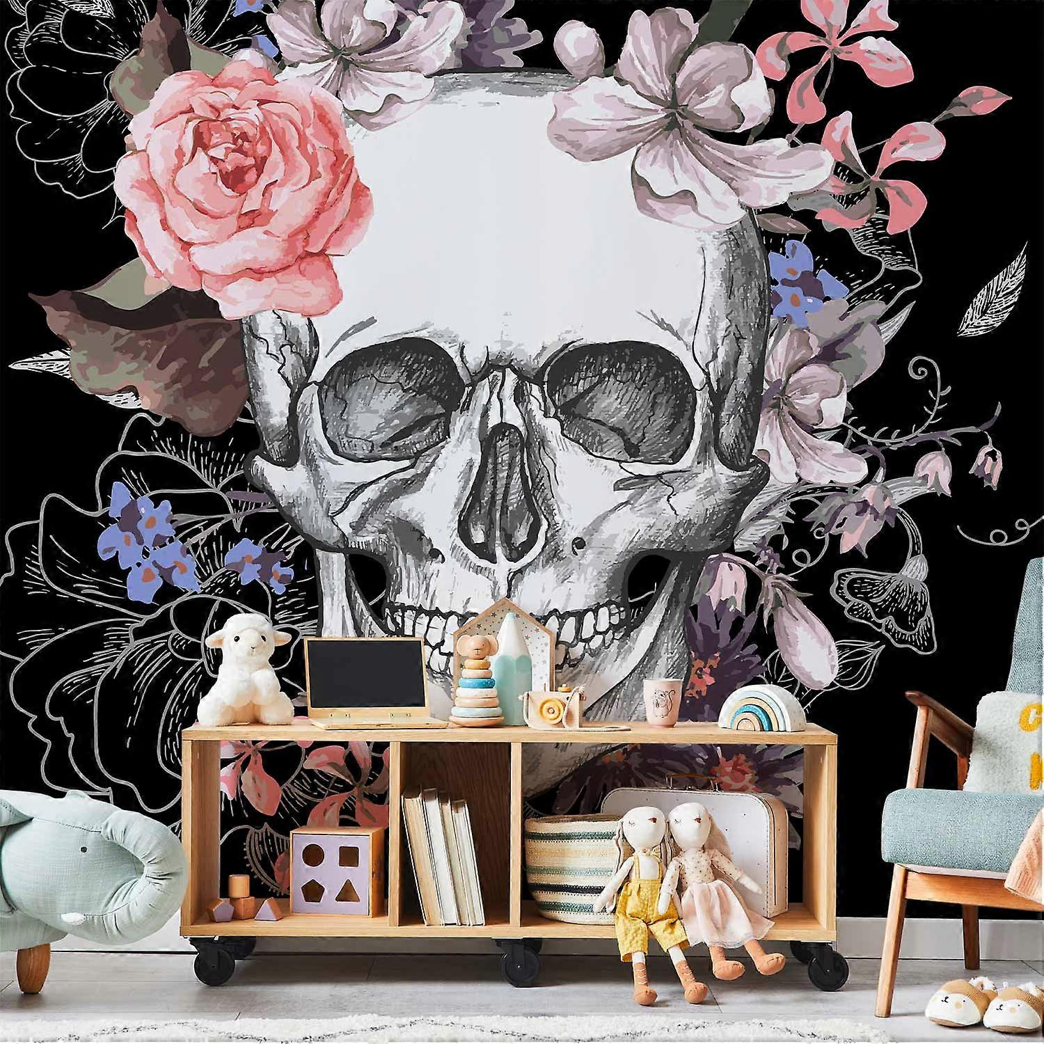 Papier peint autocollant - Crâne et fleurs