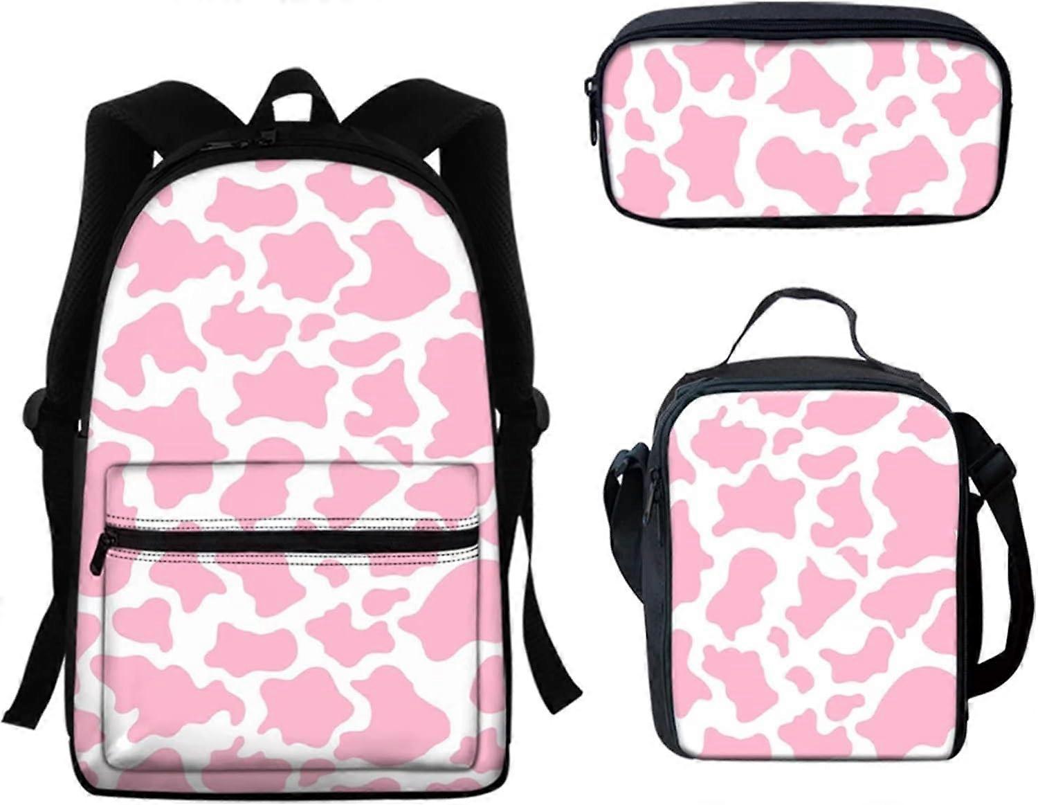 مجموعة حقيبة ظهر مدرسية لطيفة للبنات الوردي بقرة كامو طباعة حقيبة كتب للطالب في سن المراهقة مع حقيبة حمل غداء وحامل قلم
