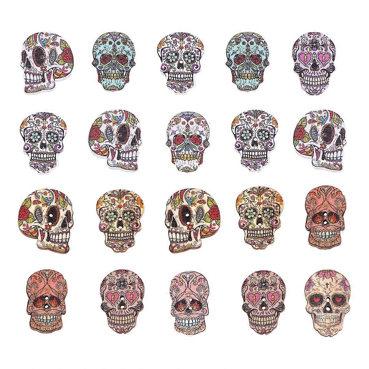 48pcs Natural Wooden Skull Button Handmade DIY Painted Buttons Clothing Accessories (Colorful, Assorted Pattern)